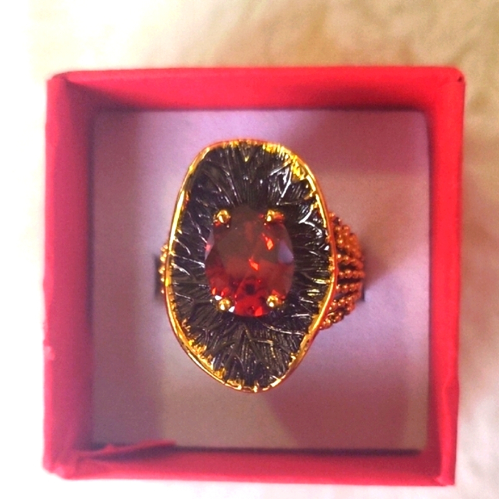 Vintage-Inspired Gold Ring with Intricate Detailing and Rich Red Gemstone - Picture 4 of 6